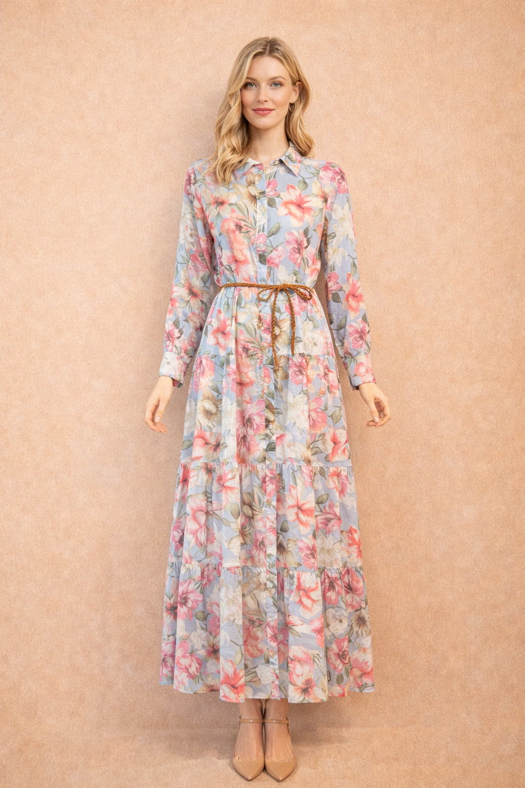 Pastel Floral Maxi Shirt Dress