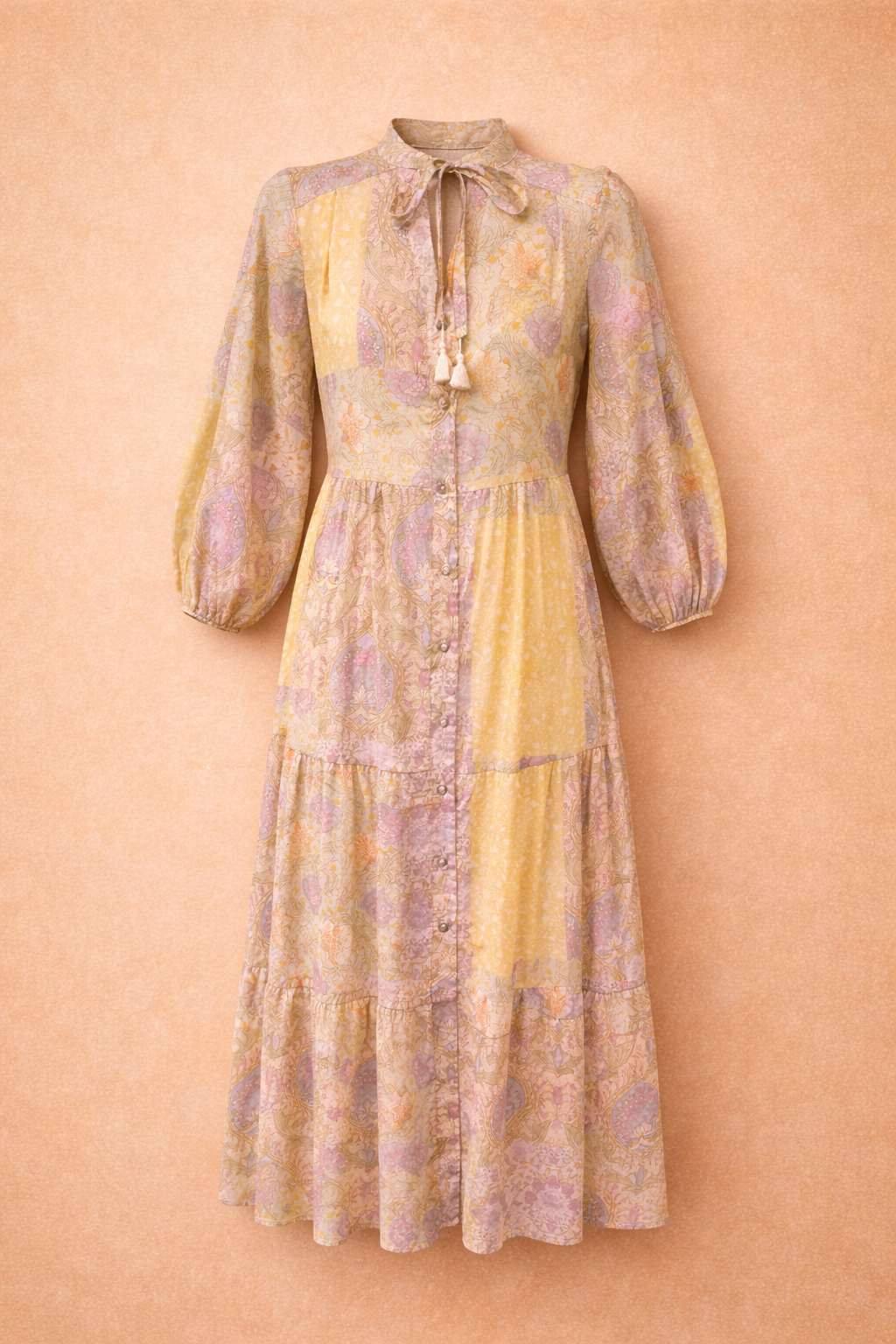 Yellow Boho Floral Maxi Dress - Long Sleeve Button-Front Summer Dress