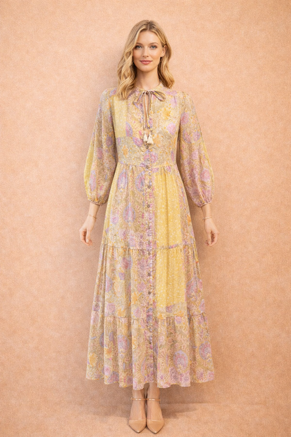 Yellow Boho Floral Maxi Dress - Long Sleeve Button-Front Summer Dress