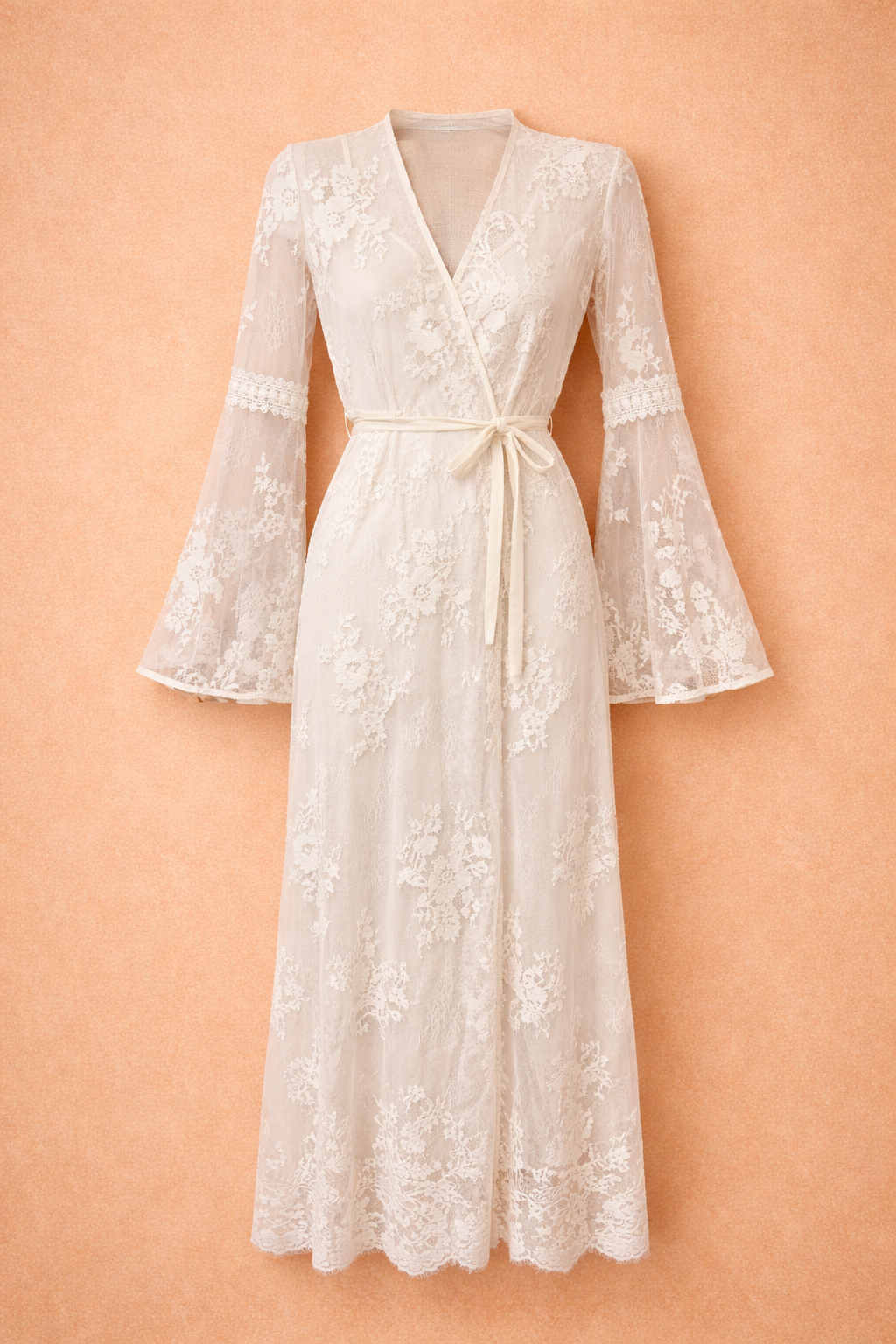 White/Cream Lace Boho Maxi Dress - Long Sleeve Wrap Lace Dress