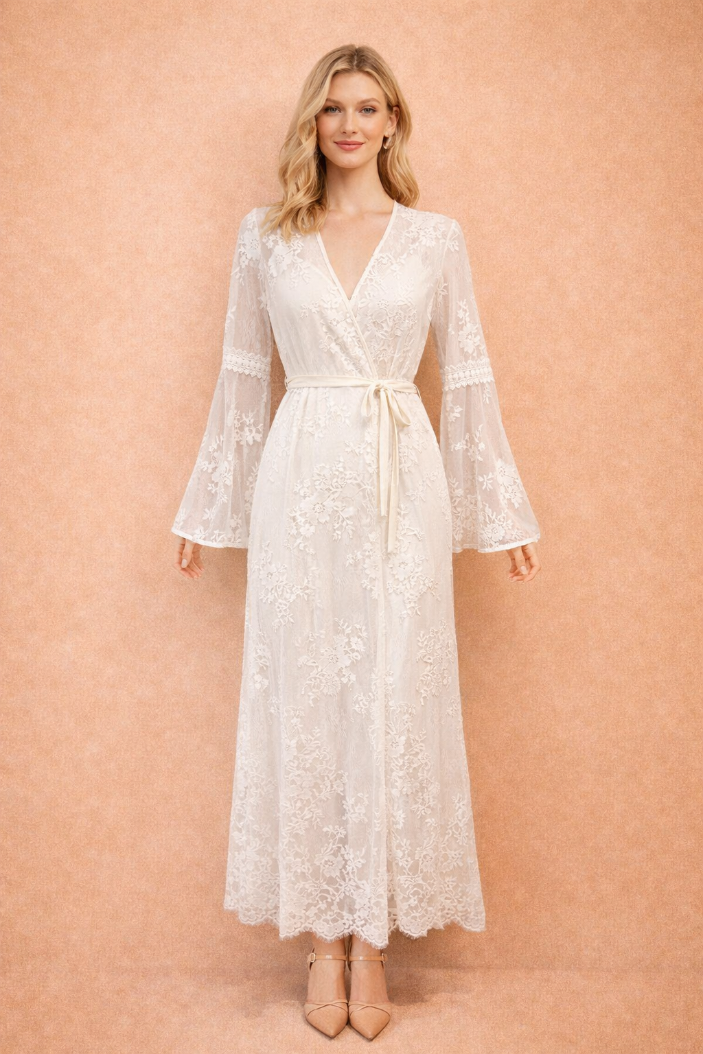 White/Cream Lace Boho Maxi Dress - Long Sleeve Wrap Lace Dress