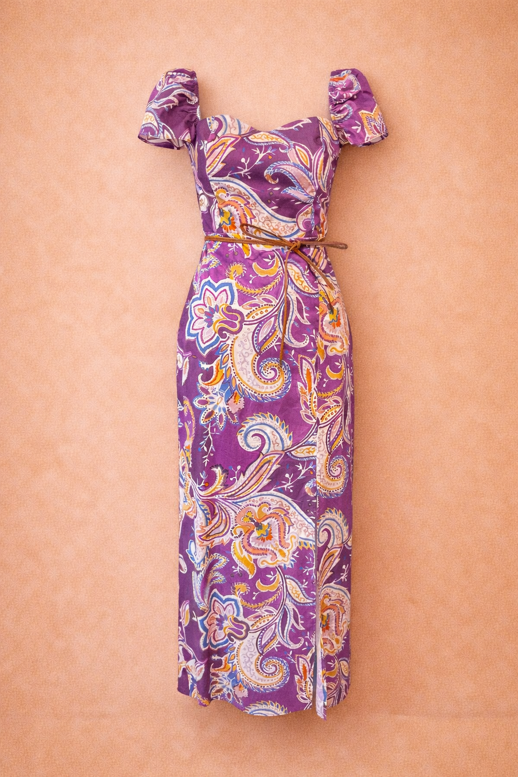 Purple Paisley Puff Sleeve Maxi Dress with Belt