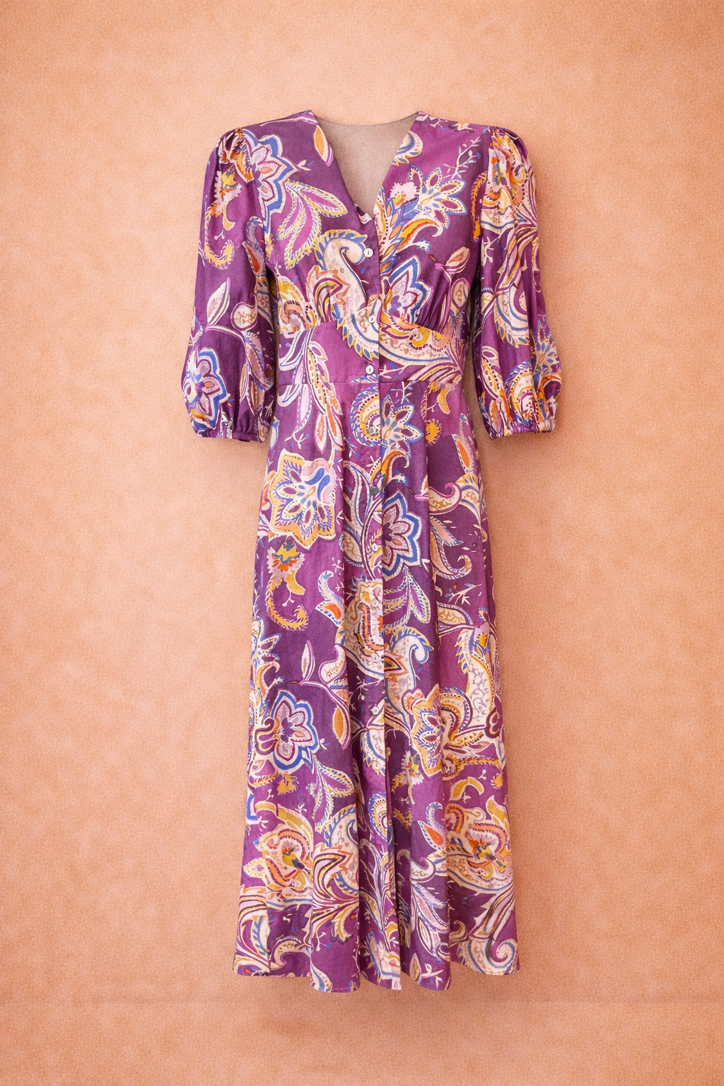 Purple Paisley V-Neck Puff Sleeve Maxi Dress