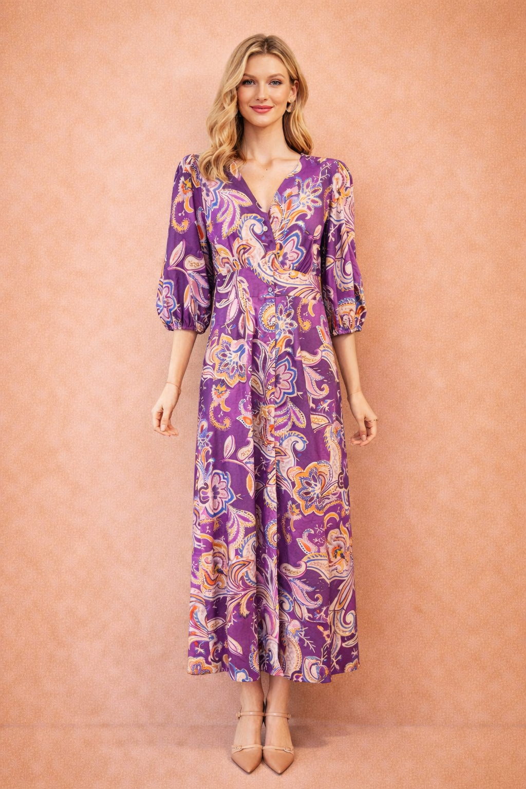 Purple Paisley V-Neck Puff Sleeve Maxi Dress