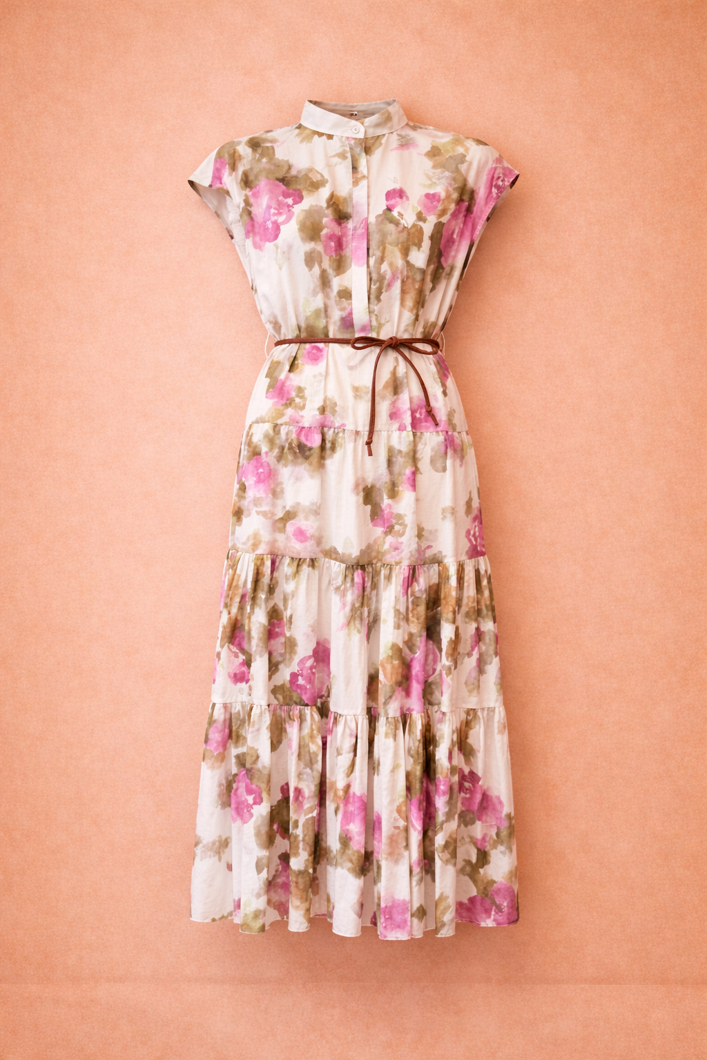 Blush Floral Tiered Maxi Dress With Mandarin Collar