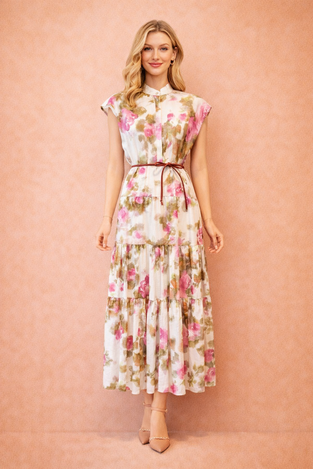 Blush Floral Tiered Maxi Dress With Mandarin Collar