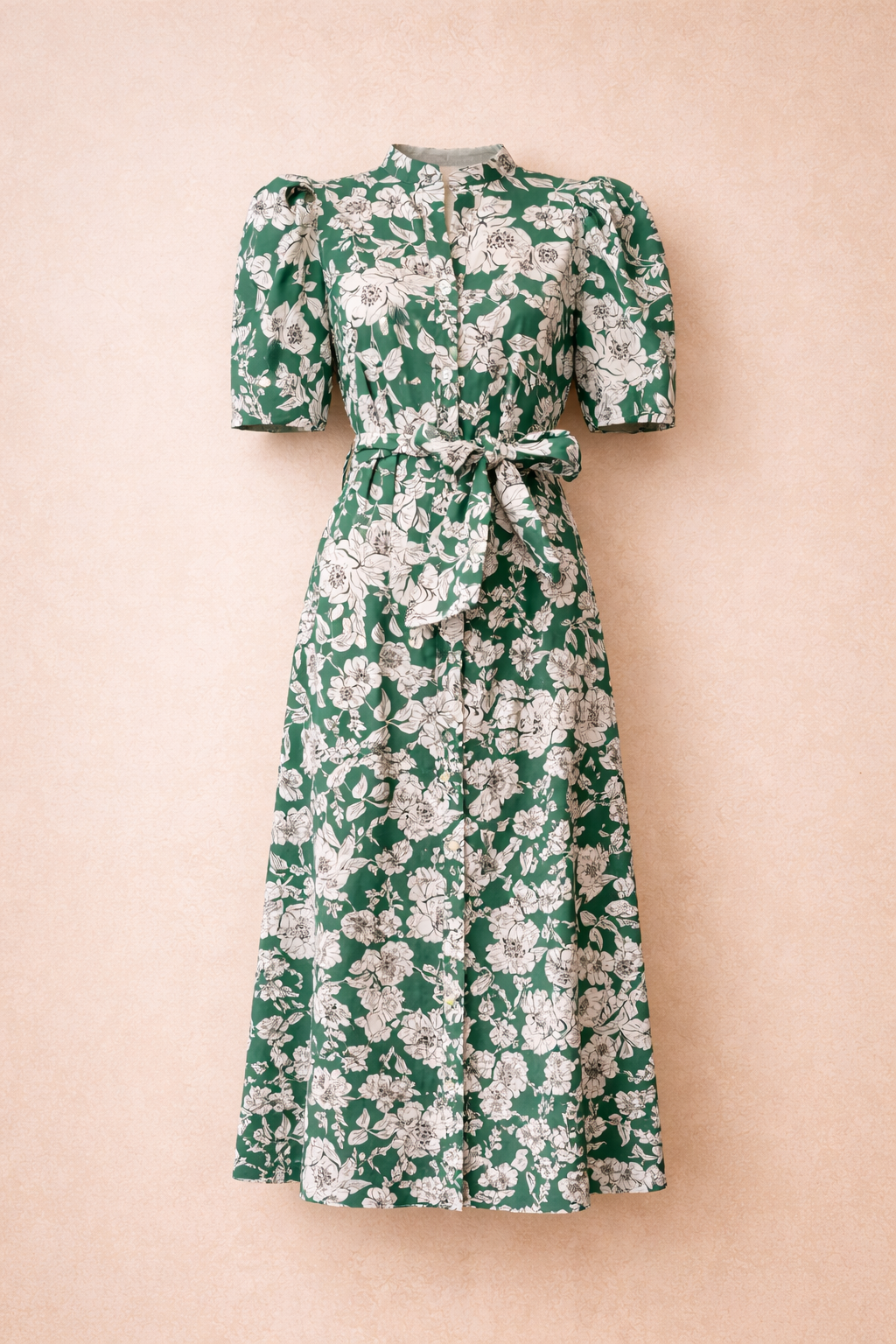 Green Floral Belted Maxi Dress With Puff Sleeves
