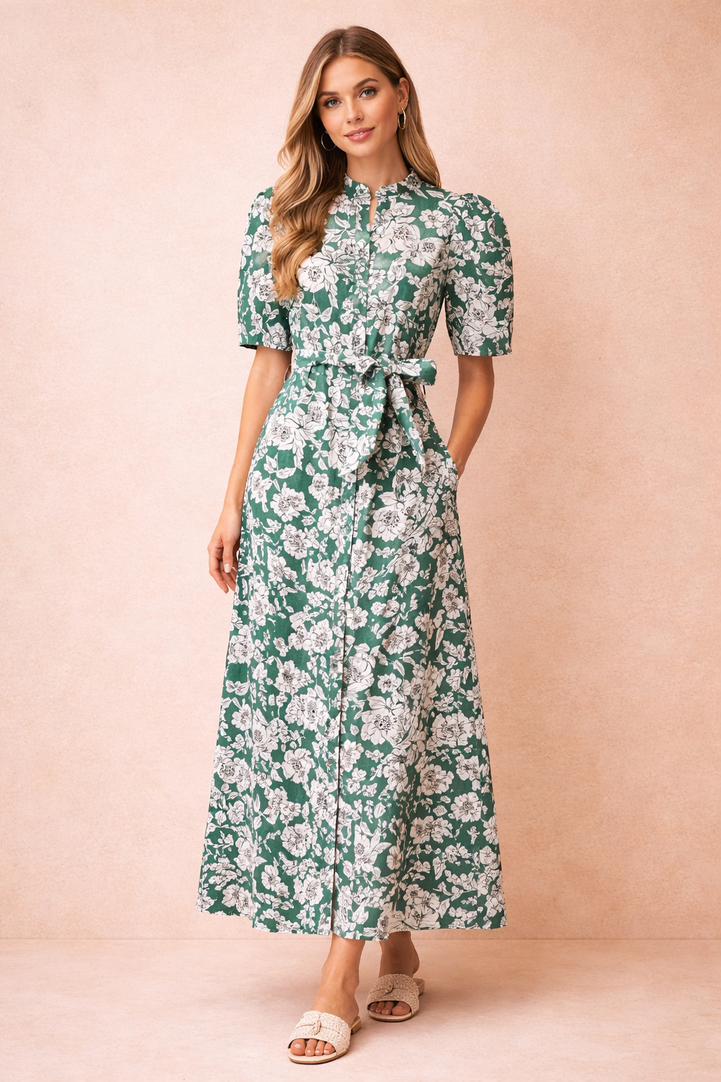 Green Floral Belted Maxi Dress With Puff Sleeves