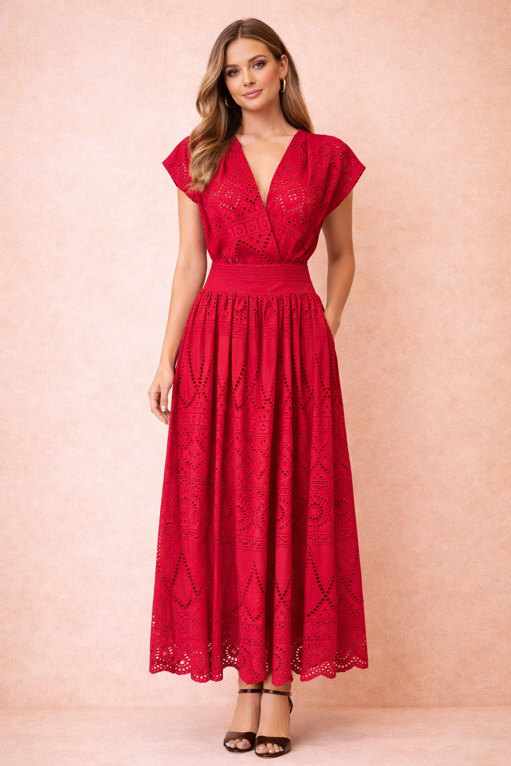 Red Eyelet Maxi Dress - Elegant Broderie Anglaise Summer Dress
