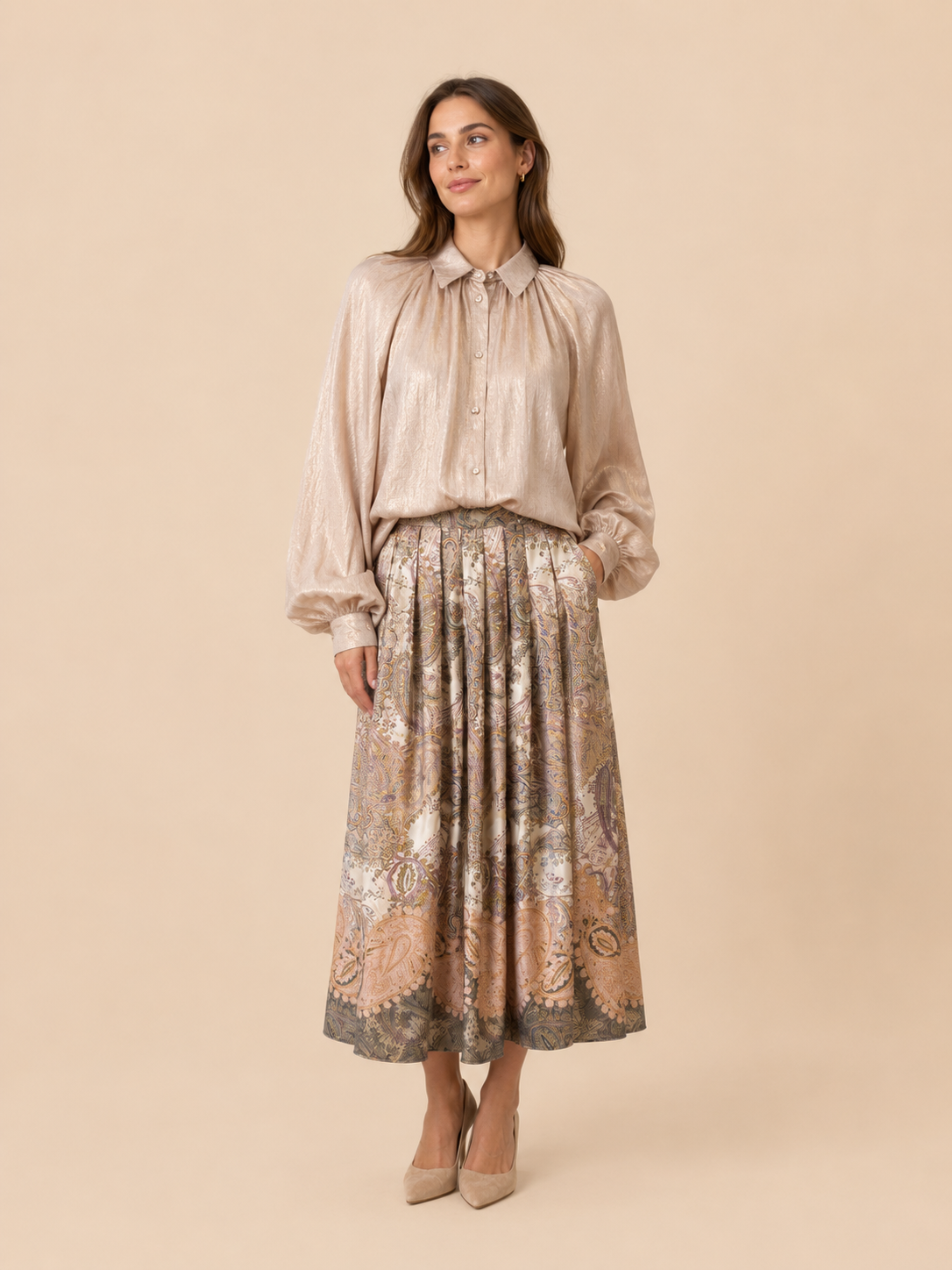 Paisley Print Midi Skirt - Elegant Pleated A-Line Skirt in Beige & Mauve