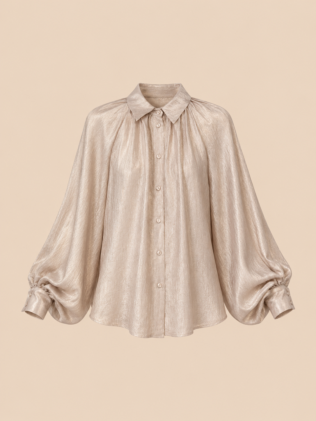 Beige Relaxed Fit Balloon Sleeve Blouse - Elegant Shimmer Button-Up Top