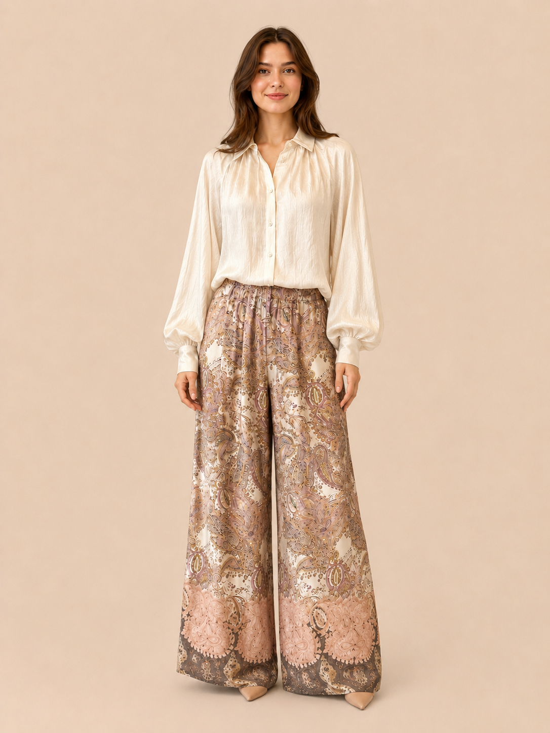 Blush Paisley Wide-Leg Palazzo Trousers