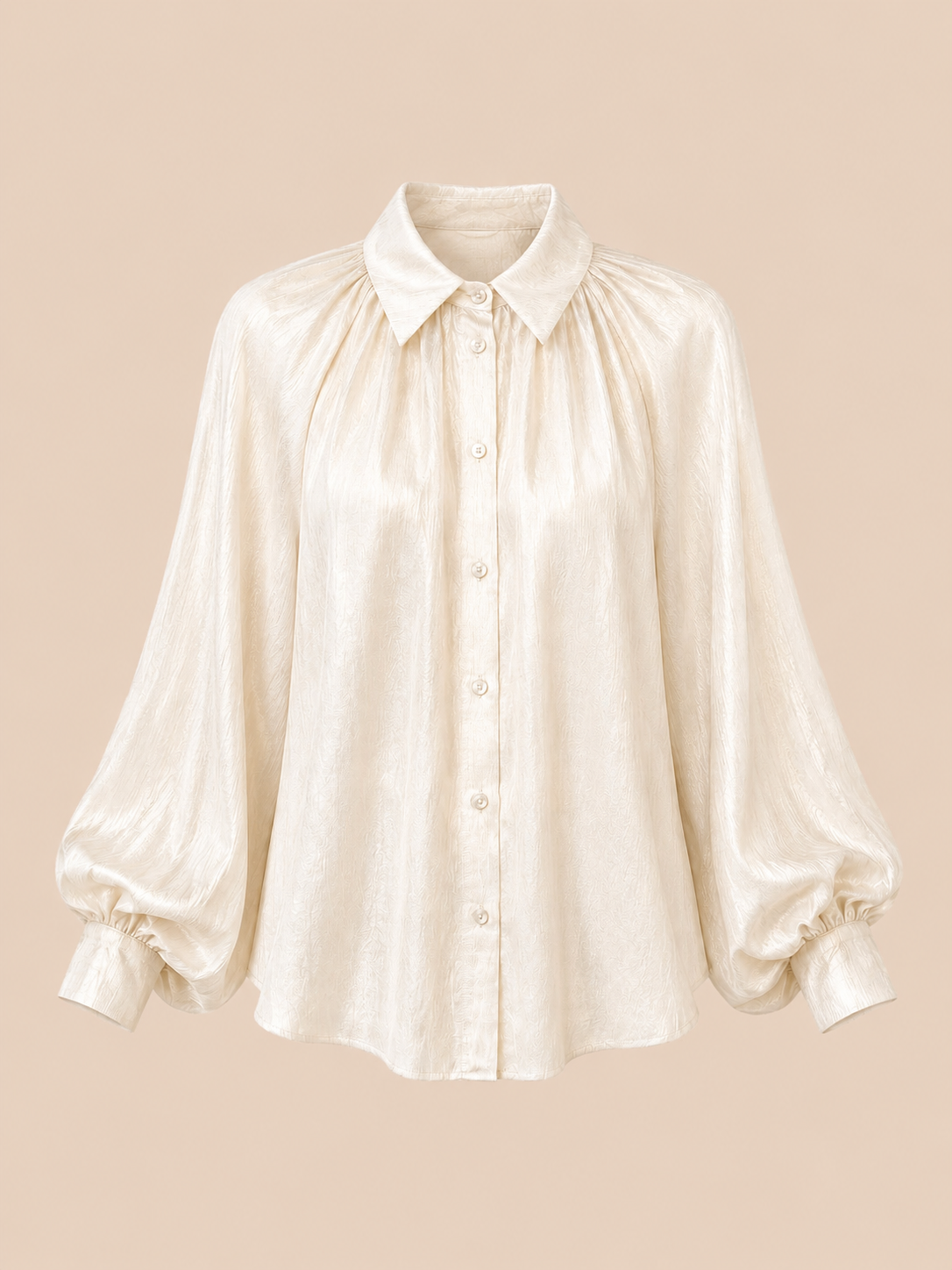 Cream Relaxed Fit Balloon Sleeve Blouse - Elegant Shimmer Button-Up Top