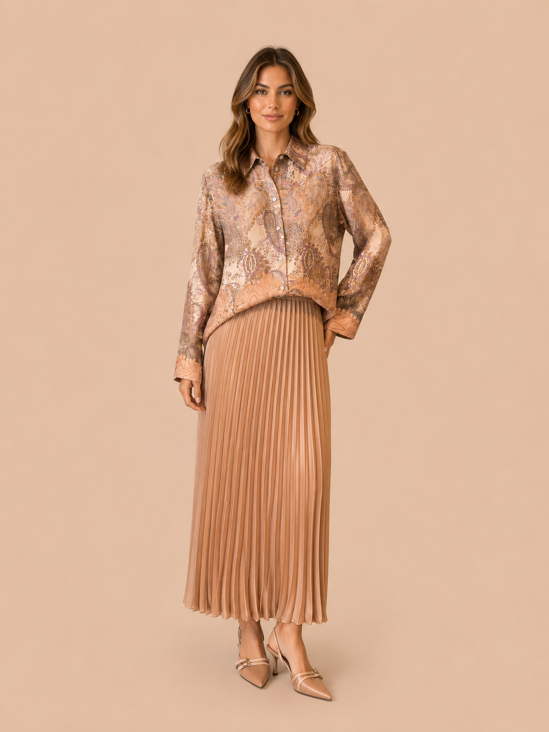 Elegant Champagne Pleated  Midi Skirt