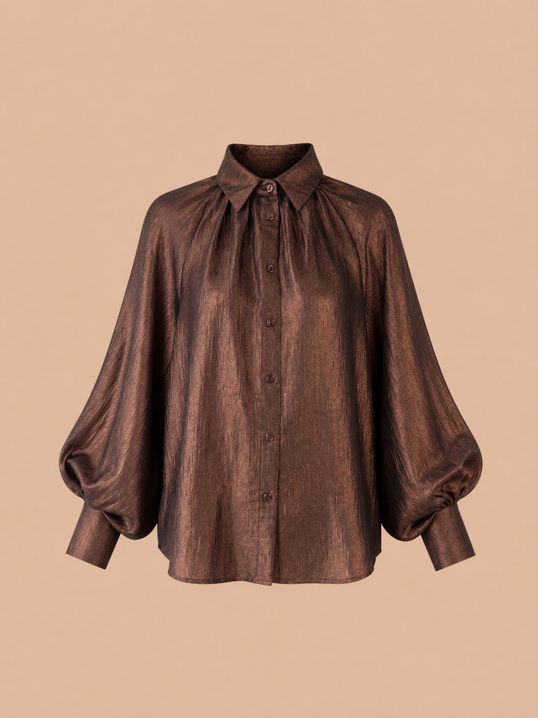 Brown Relaxed Fit Balloon Sleeve Blouse - Elegant Shimmer Button-Up Top