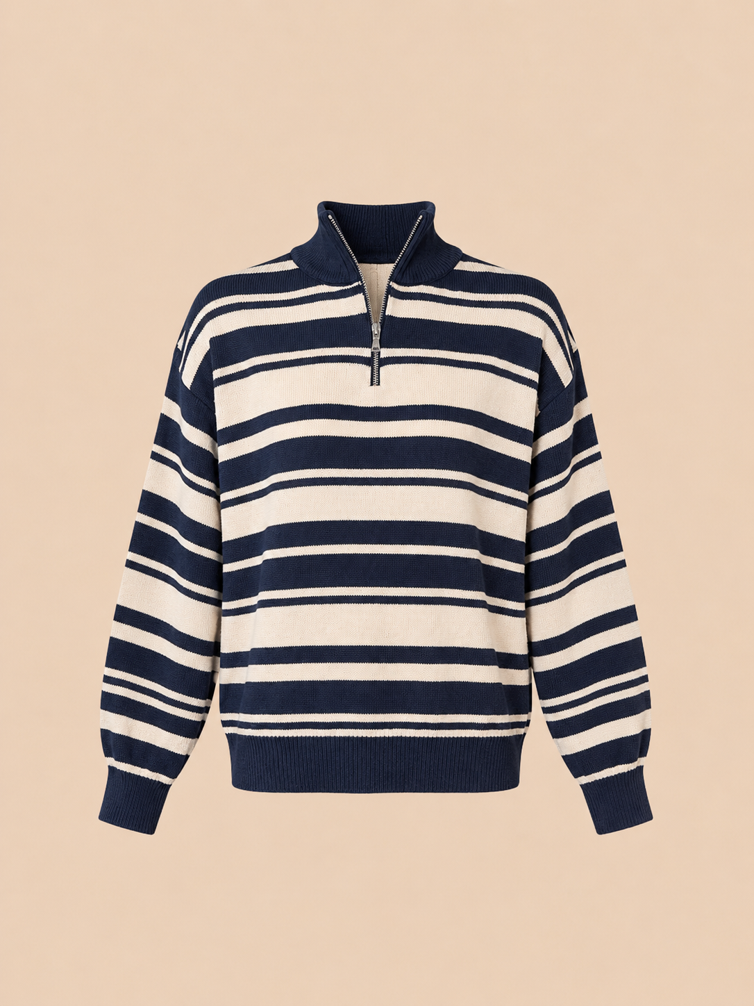 Navy & White Striped Half-Zip Cotton Knit Sweater - Relaxed Fit Women's Jumper