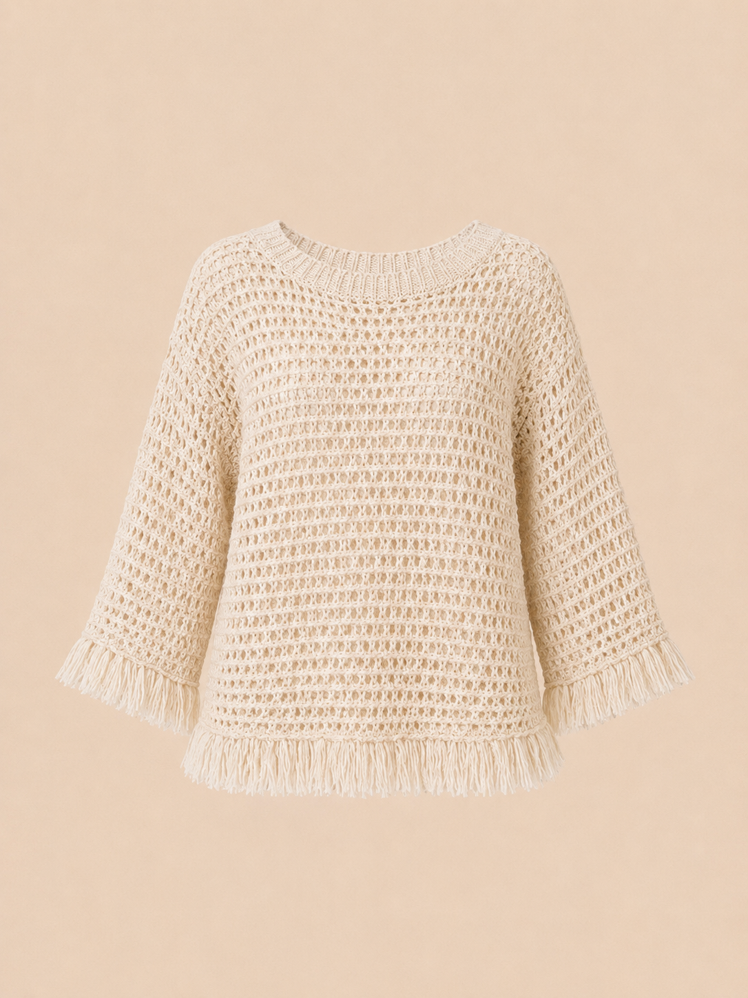 Boho Fringe Crochet Knit Sweater - Cream Oversized Open Weave Pullover