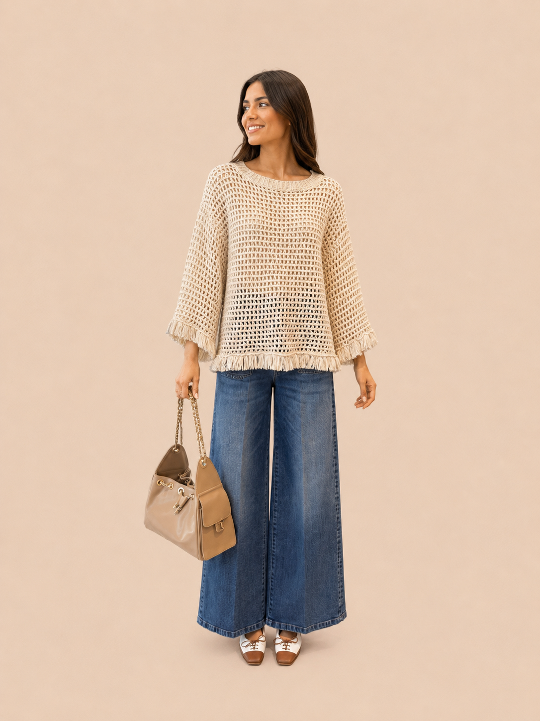 Boho Fringe Crochet Knit Sweater - Cream Oversized Open Weave Pullover