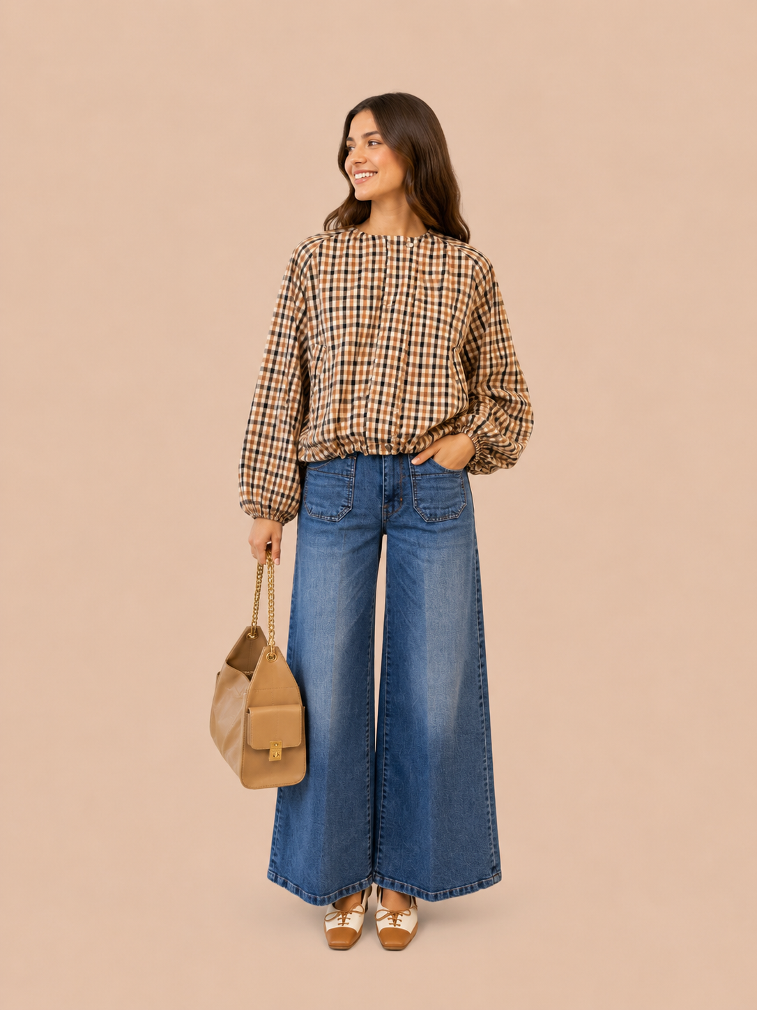 Women's Relaxed Fit Beige Check Bomber Jacket - Lightweight Balloon Sleeve Zip Jacket