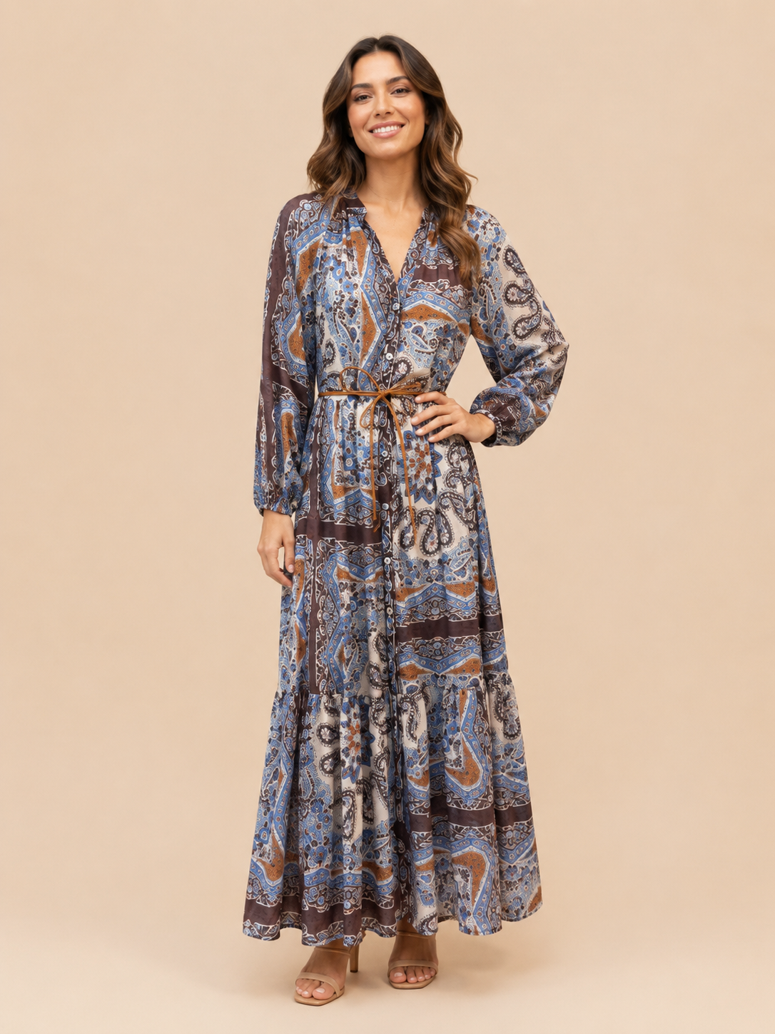 Bohemian Paisley Maxi Dress - Long Sleeve Belted Flowy Dress in Blue & Brown