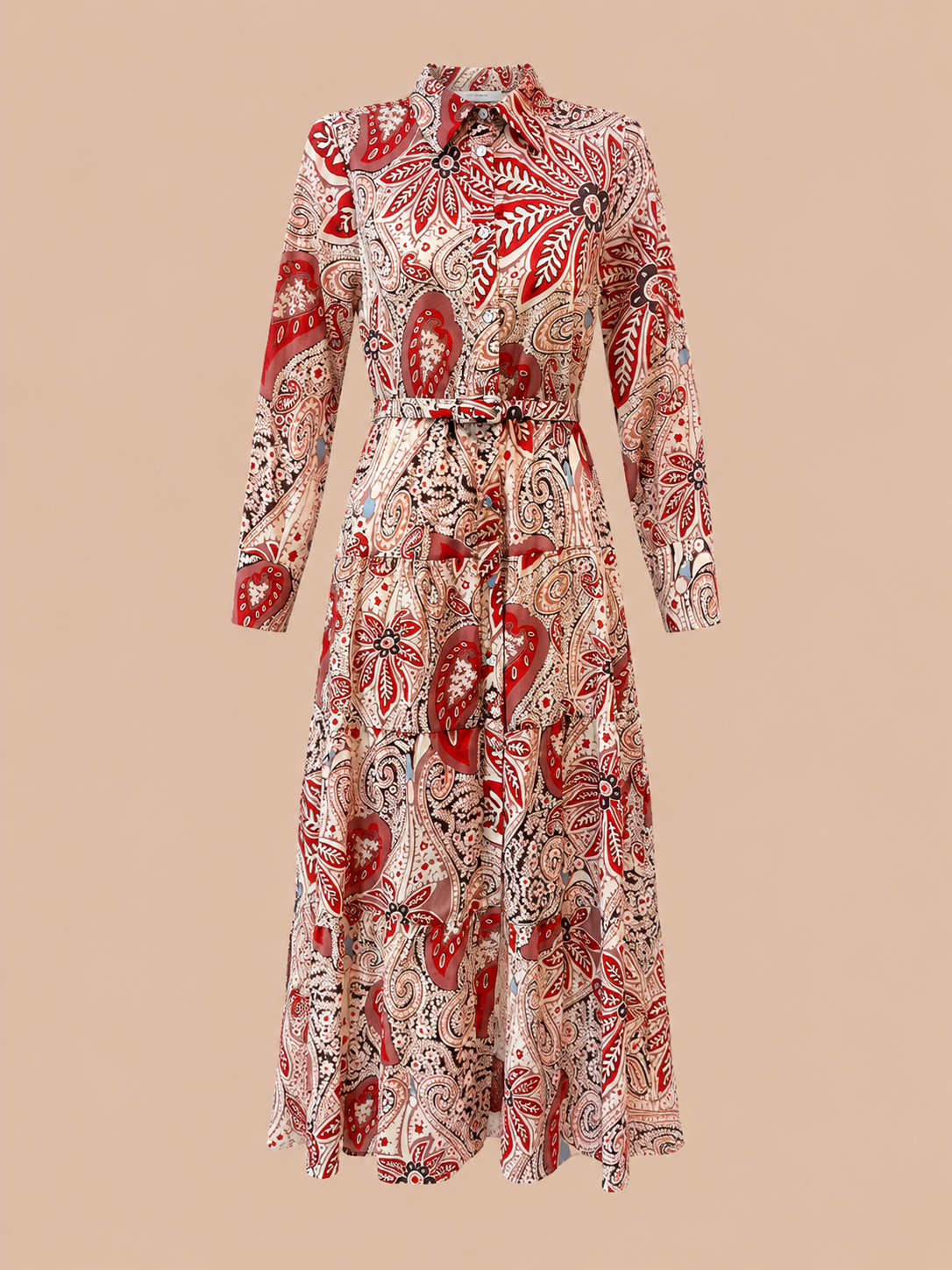 Red Paisley Belted Maxi Shirt Dress - Boho Long Sleeve Dress