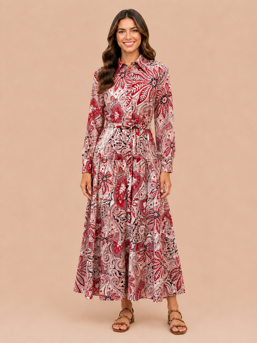 Red Paisley Belted Maxi Shirt Dress - Boho Long Sleeve Dress