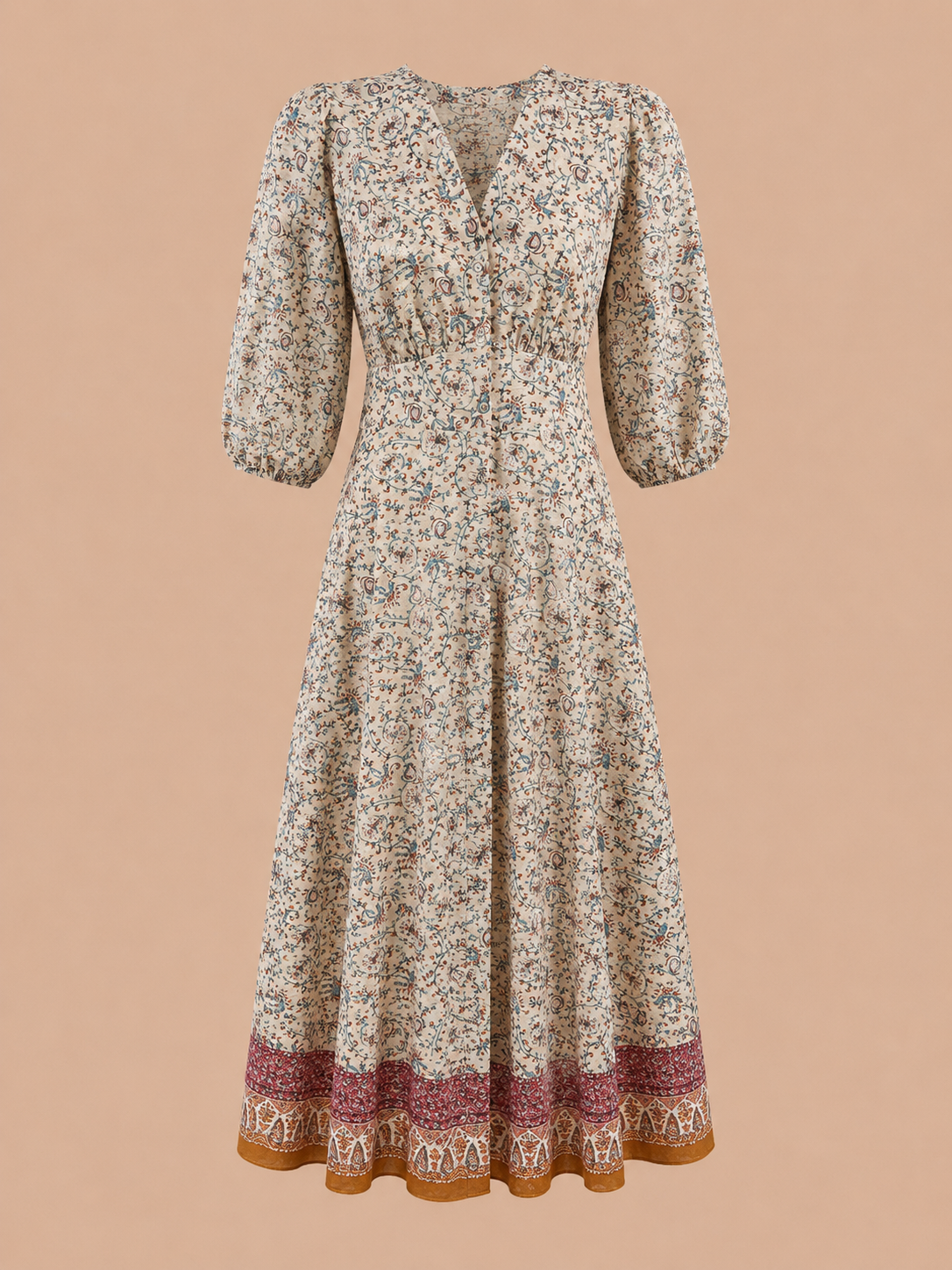 Boho Paisley Print Maxi Dress - Cream Floral V-Neck Dress