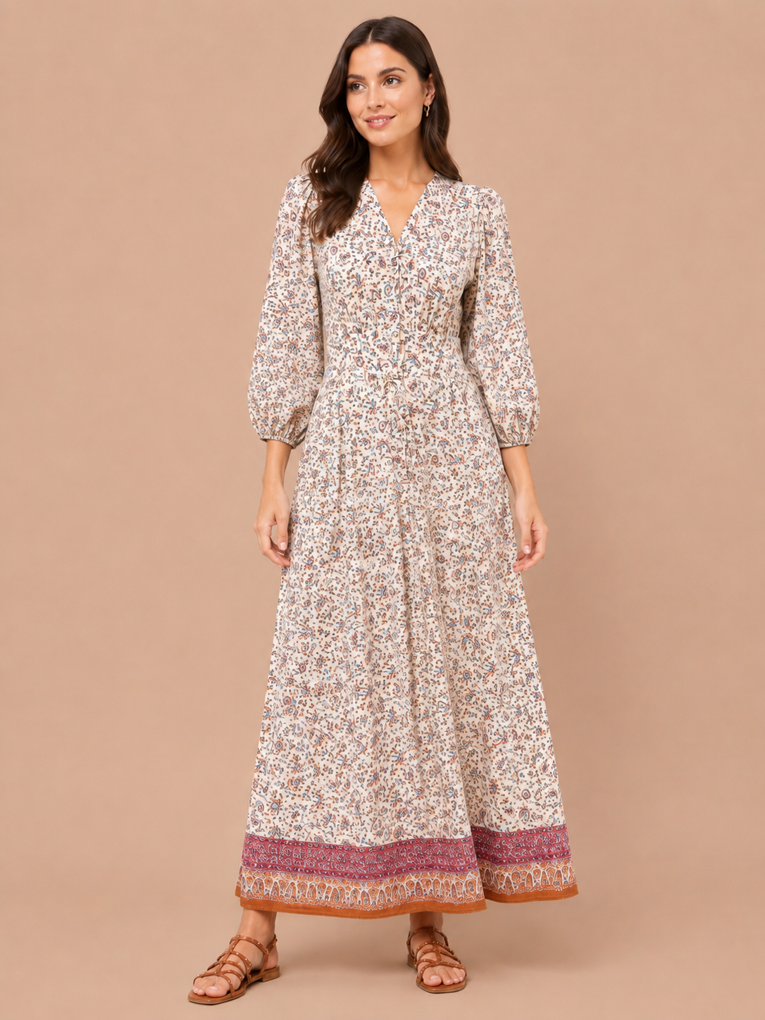 Boho Paisley Print Maxi Dress - Cream Floral V-Neck Dress