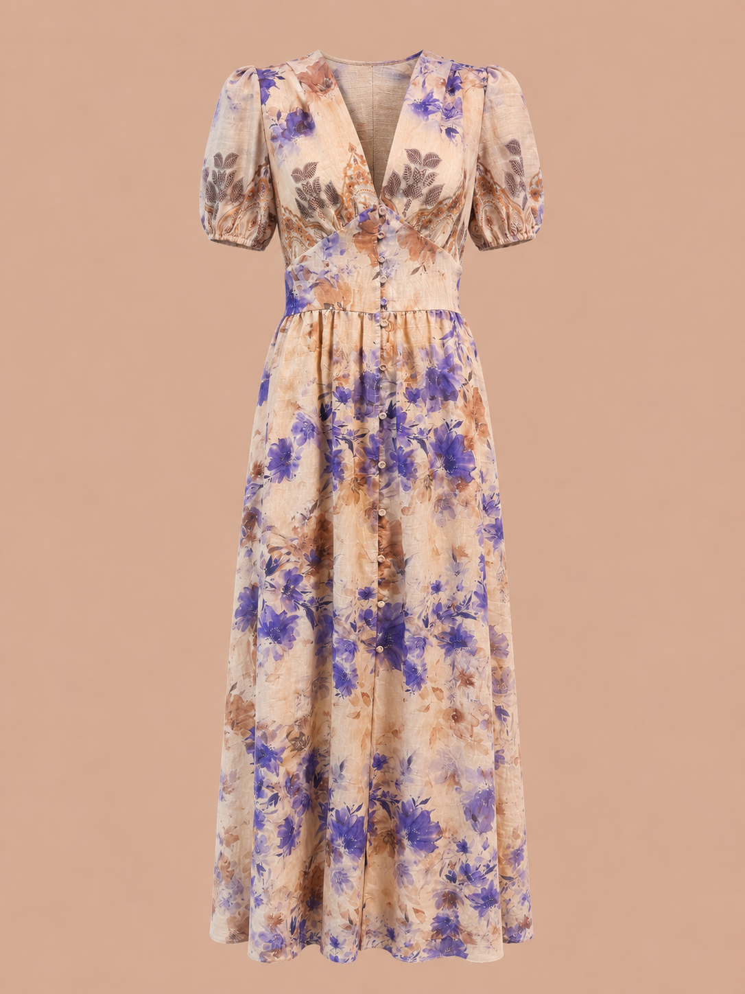 Blush Floral Maxi Dress - Romantic Puff Sleeve Button Front Dress