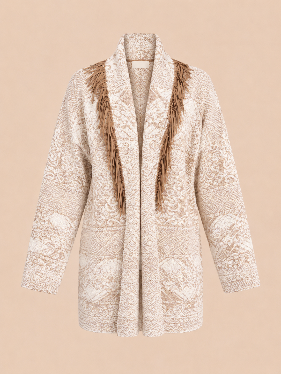 Boho Fringe Knit Oversized Cardigan Jacket - Beige Tribal Pattern Belted Cardigan