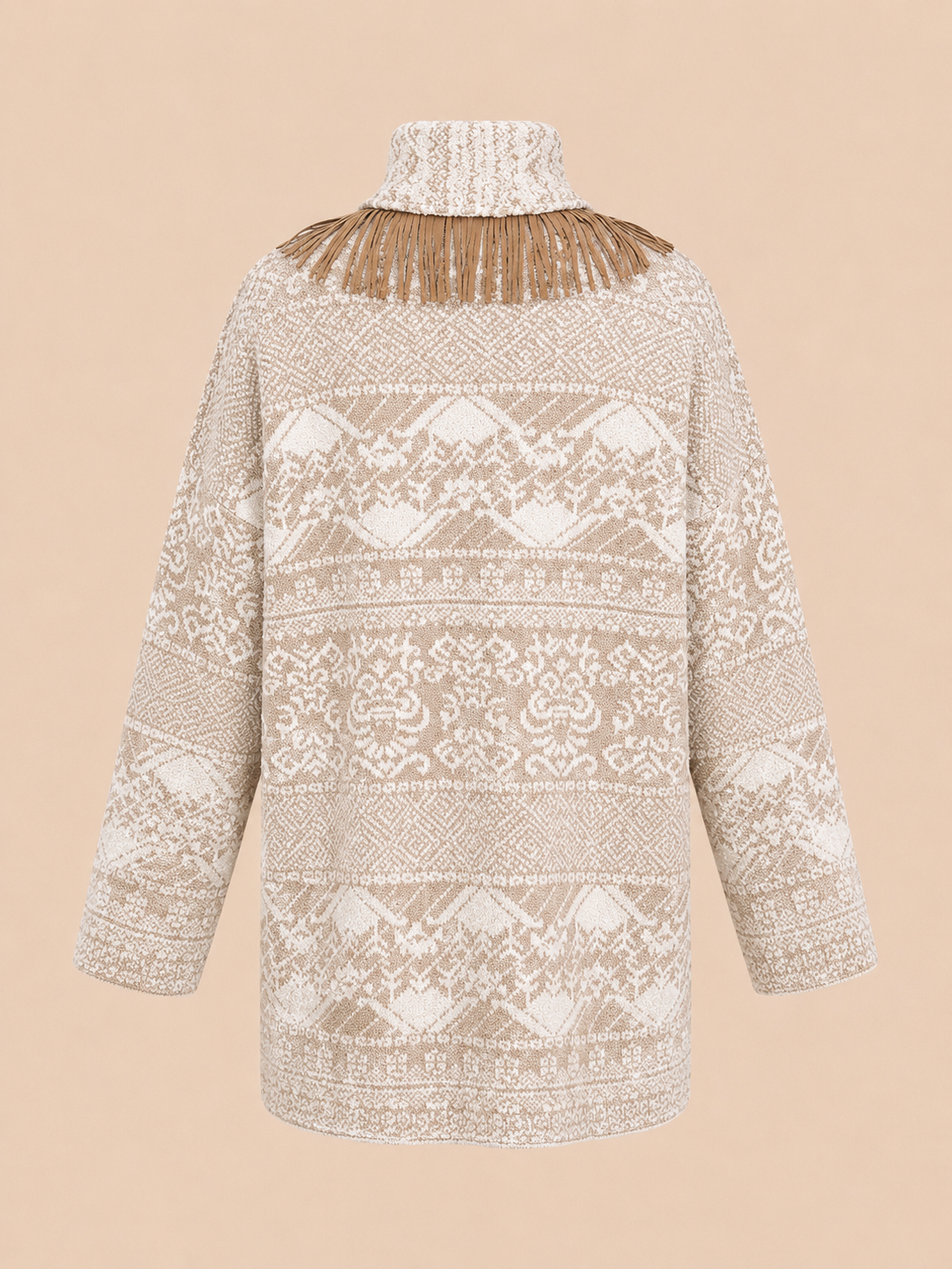 Boho Fringe Knit Oversized Cardigan Jacket - Beige Tribal Pattern Belted Cardigan