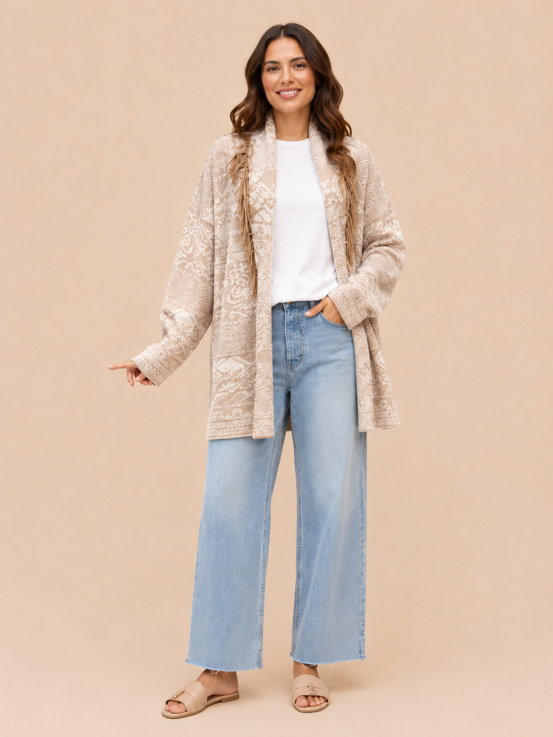 Boho Fringe Knit Oversized Cardigan Jacket - Beige Tribal Pattern Belted Cardigan