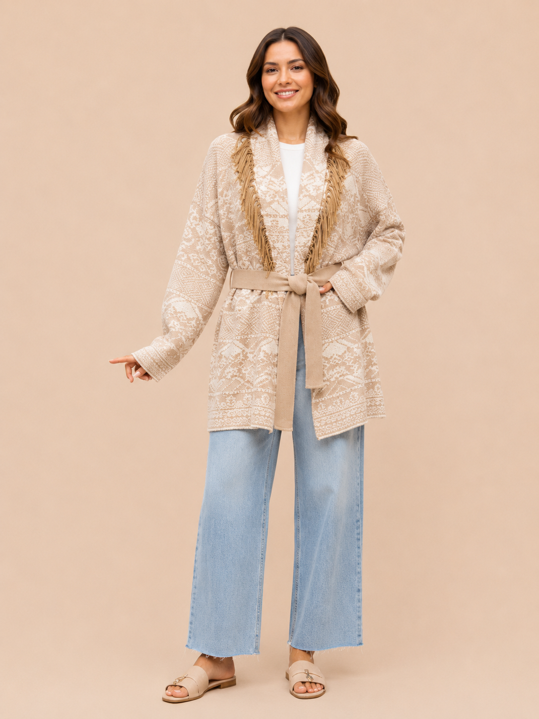 Boho Fringe Knit Oversized Cardigan Jacket - Beige Tribal Pattern Belted Cardigan