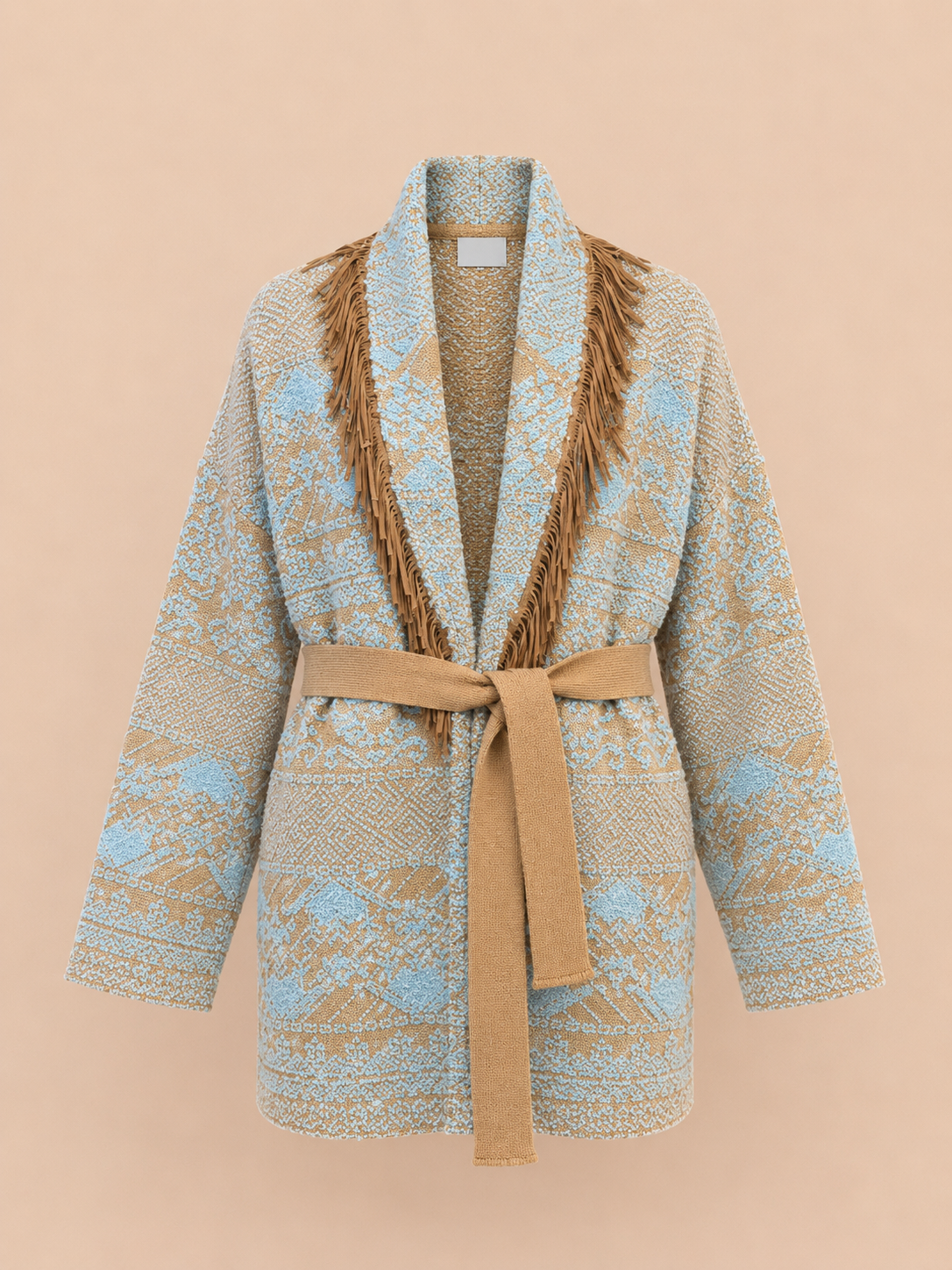 Boho Fringe Knit Oversized Cardigan Jacket - Sky Blue Tribal Pattern Belted Cardigan