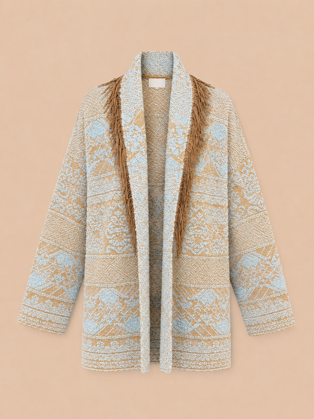Boho Fringe Knit Oversized Cardigan Jacket - Sky Blue Tribal Pattern Belted Cardigan