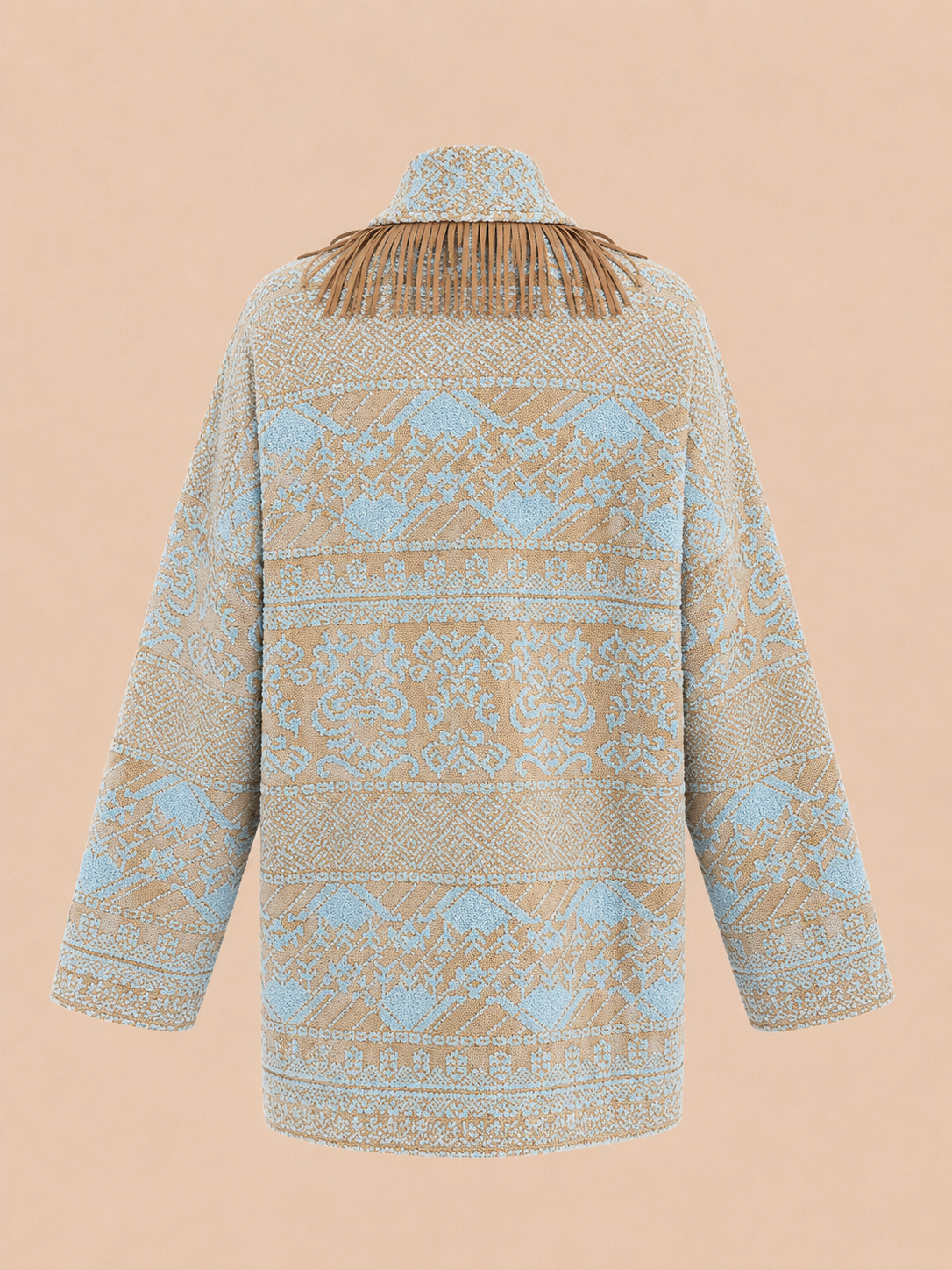 Boho Fringe Knit Oversized Cardigan Jacket - Sky Blue Tribal Pattern Belted Cardigan