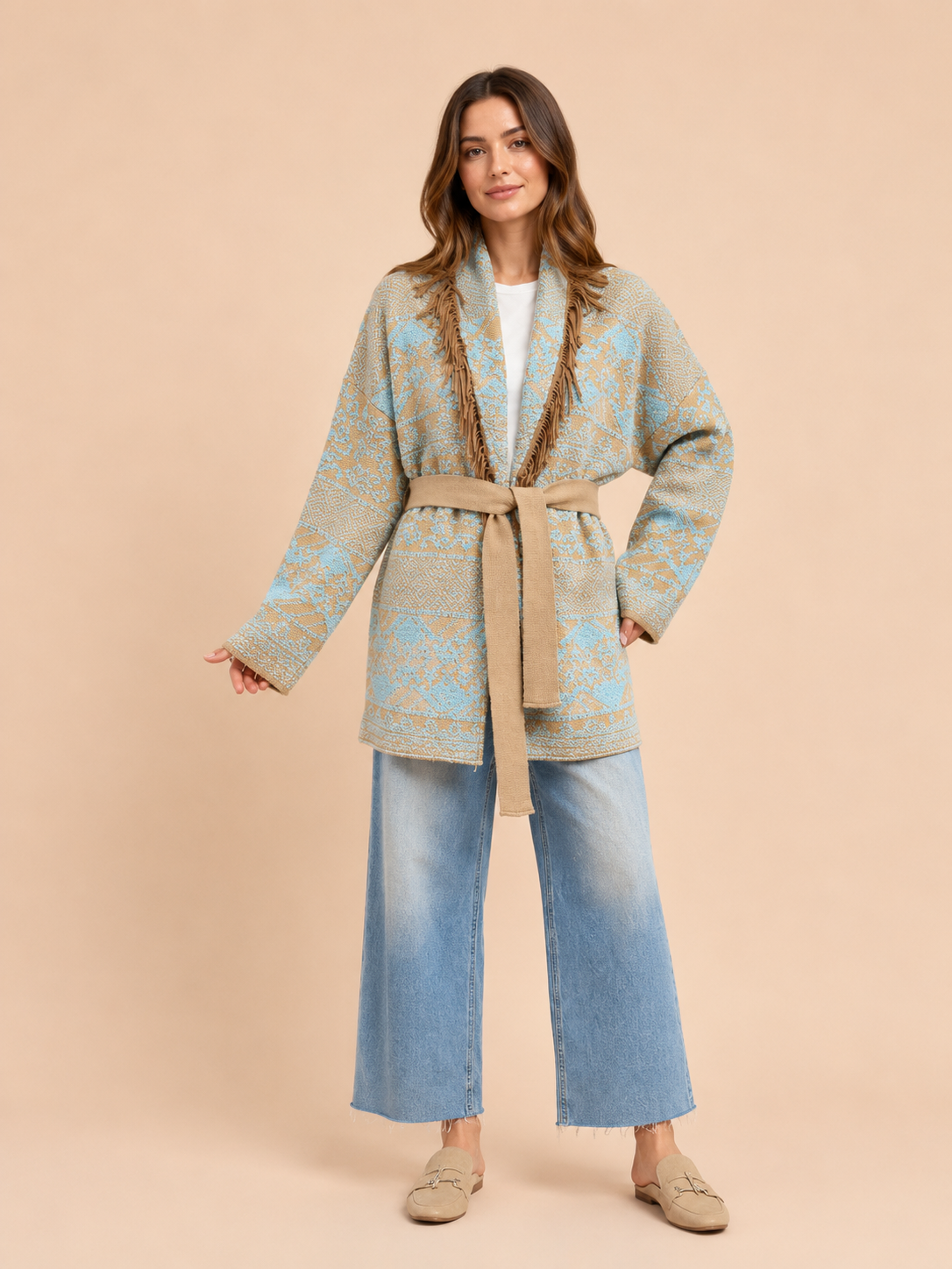 Boho Fringe Knit Oversized Cardigan Jacket - Sky Blue Tribal Pattern Belted Cardigan