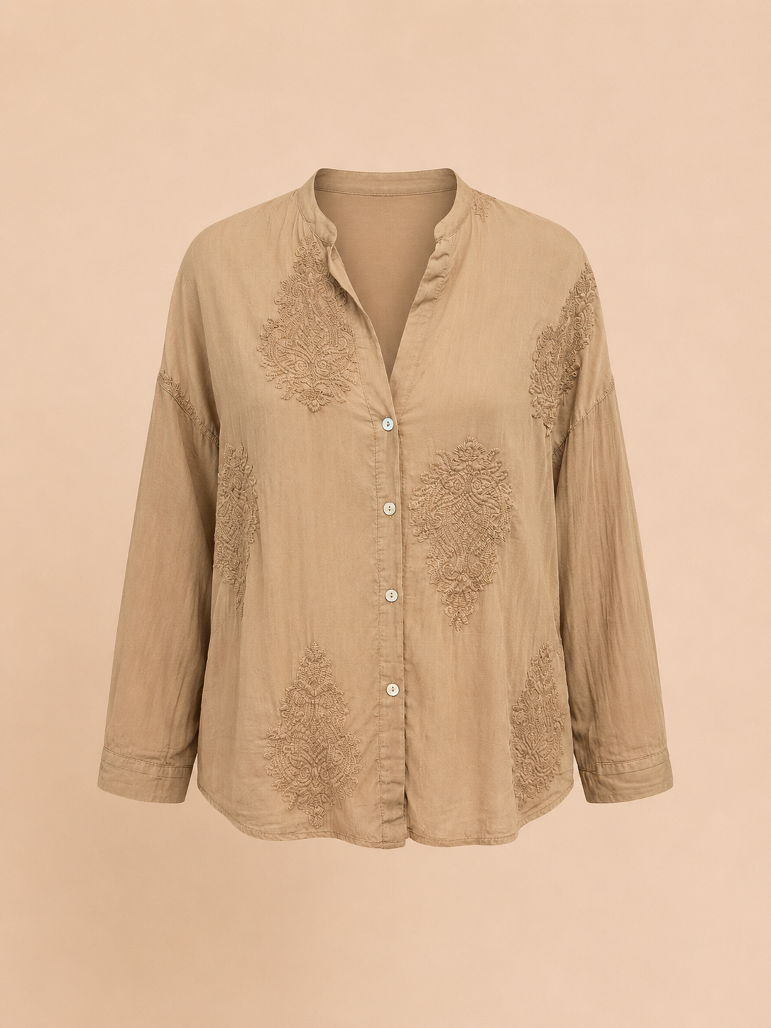 Camel Cotton Silk Embroidered Boho Blouse - Relaxed Fit Lightweight Button Shirt