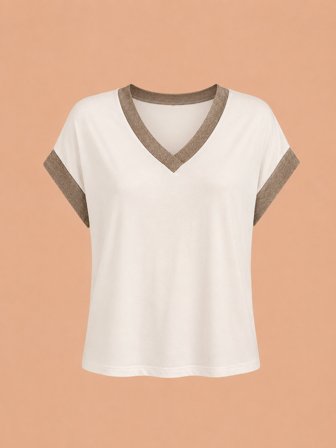 Luna Shimmer Trim V-Neck T-shirt - White & Taupe