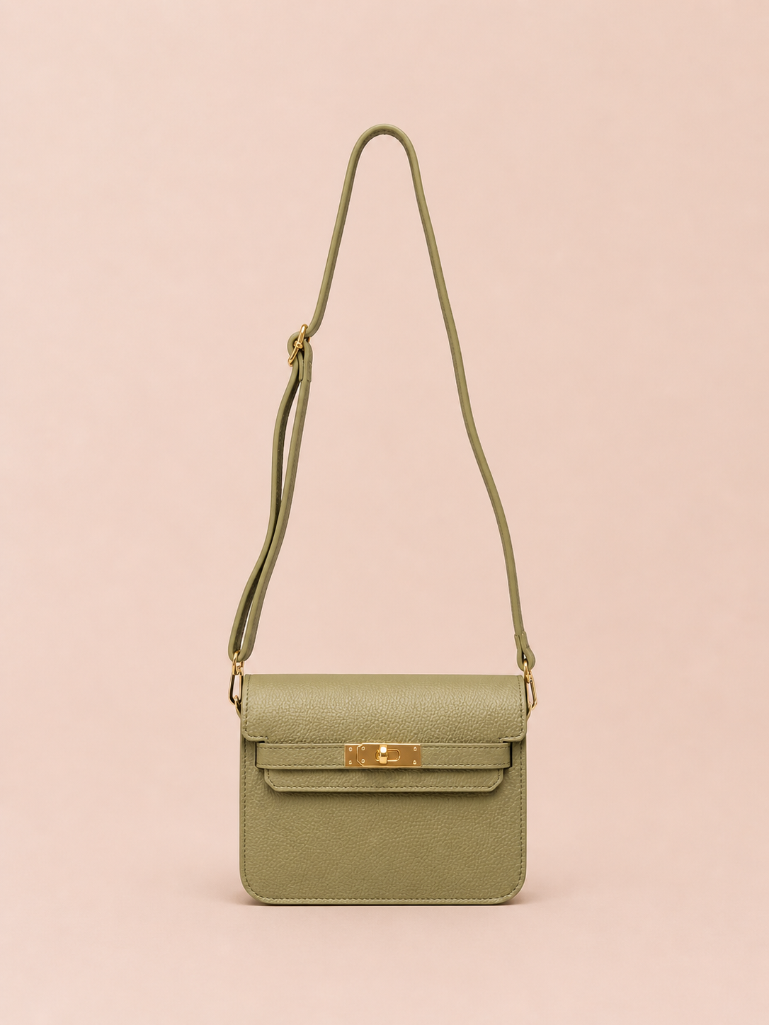 Pastel Olive Green Leather Crossbody Bag - Elegant Minimal Gold Lock Handbag