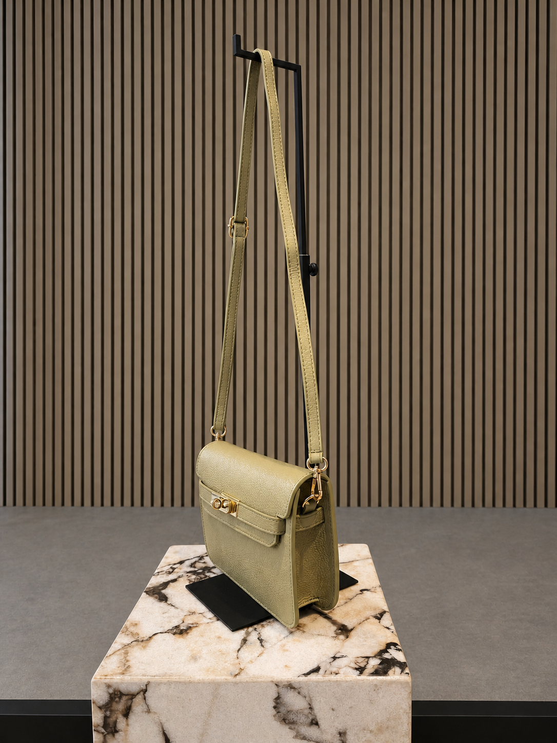 Pastel Olive Green Leather Crossbody Bag - Elegant Minimal Gold Lock Handbag