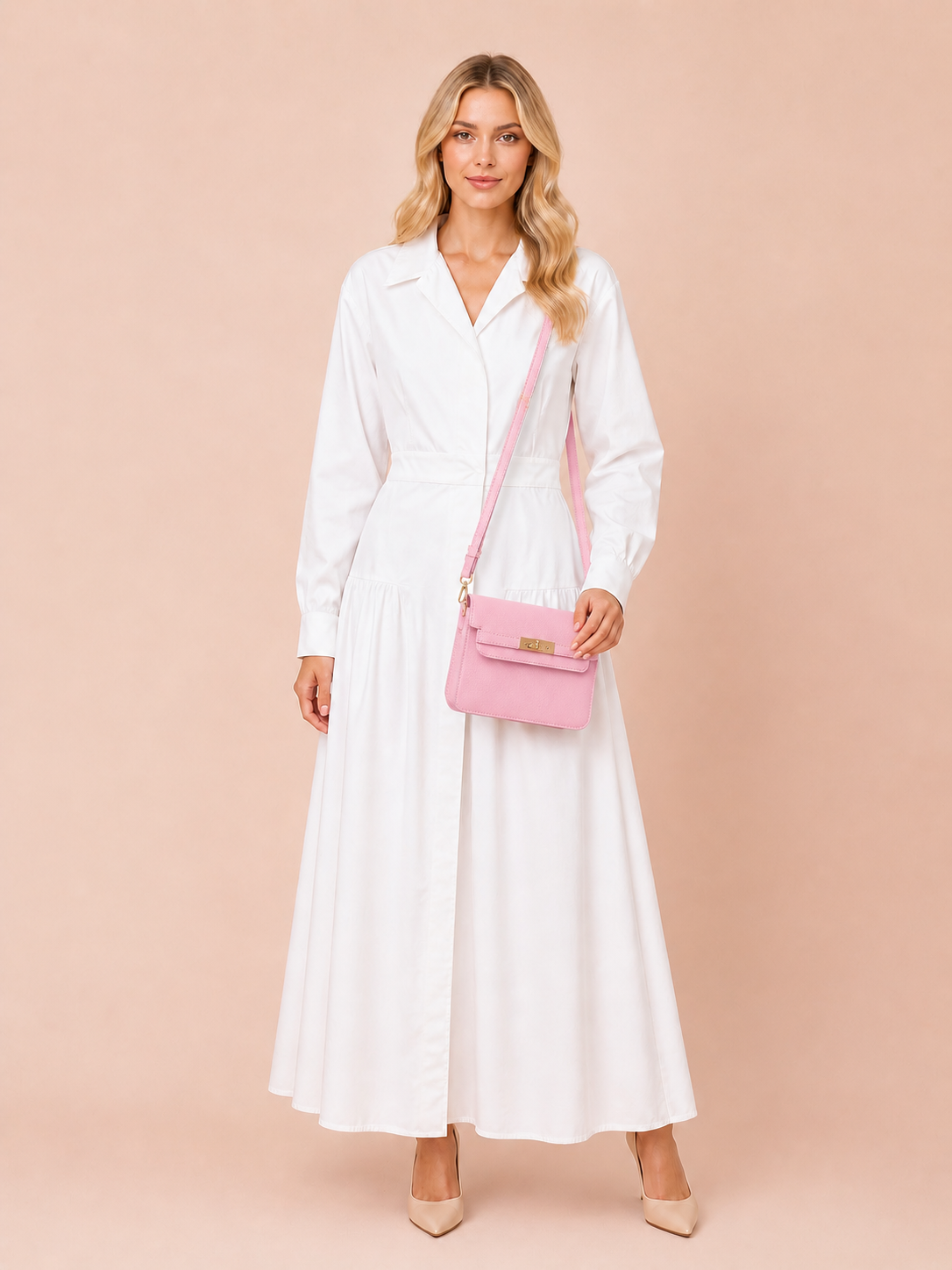 Pastel Pink Leather Crossbody Bag - Elegant Minimal Gold Lock Handbag