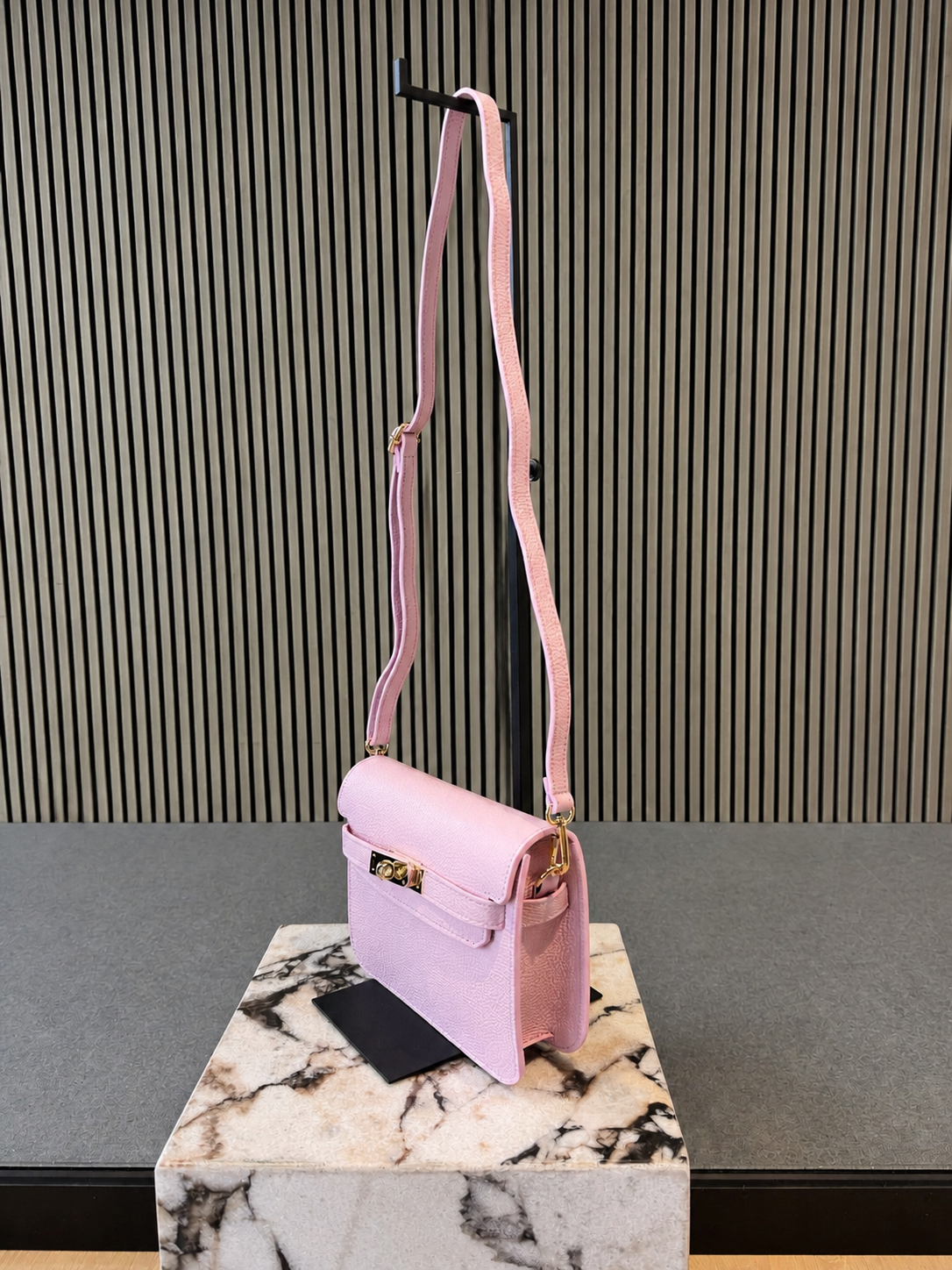 Pastel Pink Leather Crossbody Bag - Elegant Minimal Gold Lock Handbag