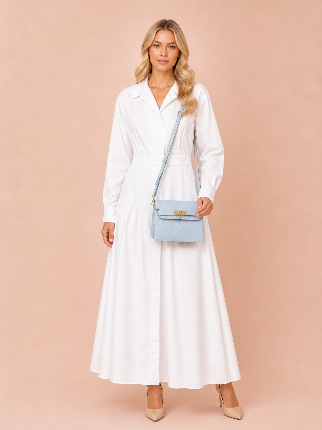 Pastel Blue Leather Crossbody Bag - Elegant Minimal Gold Lock Handbag