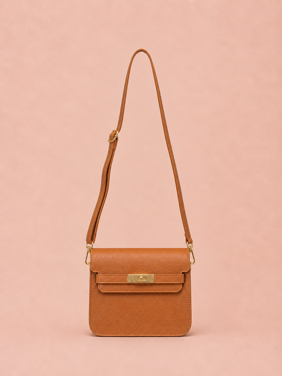 Cognac Leather Crossbody Bag - Elegant Minimal Gold Lock Handbag