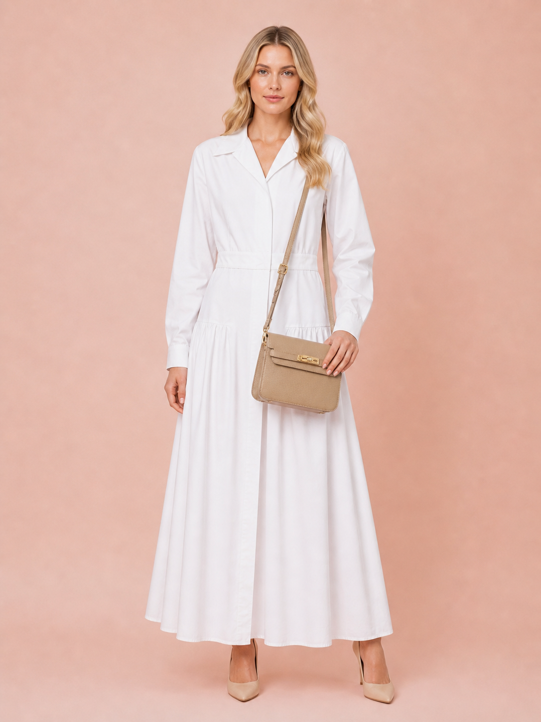 Beige Leather Crossbody Bag - Elegant Minimal Gold Lock Handbag