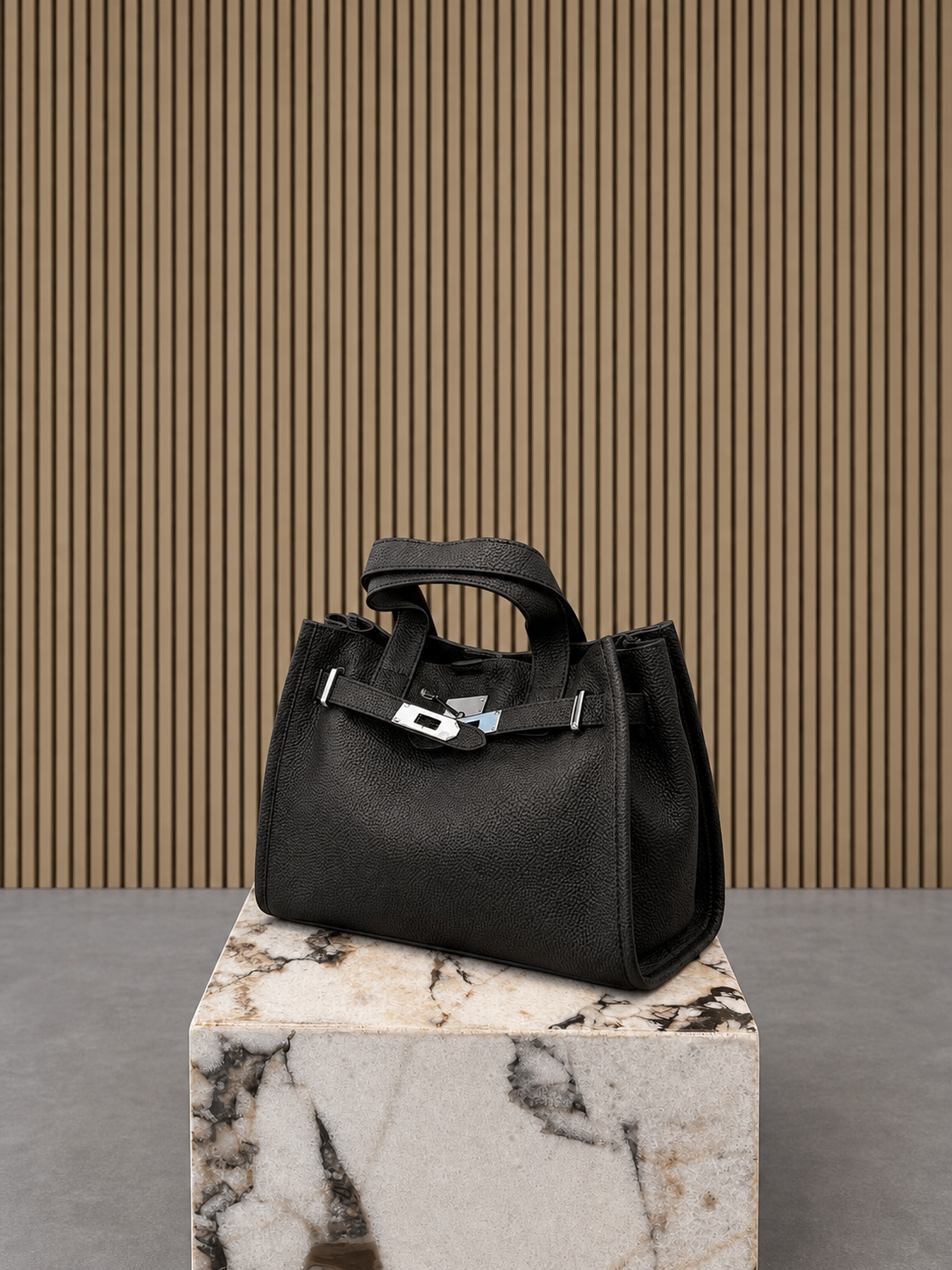 Black Leather Handbag With Silver Hardware