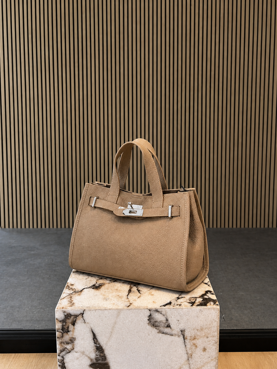 Beige Leather Handbag With Silver Hardware