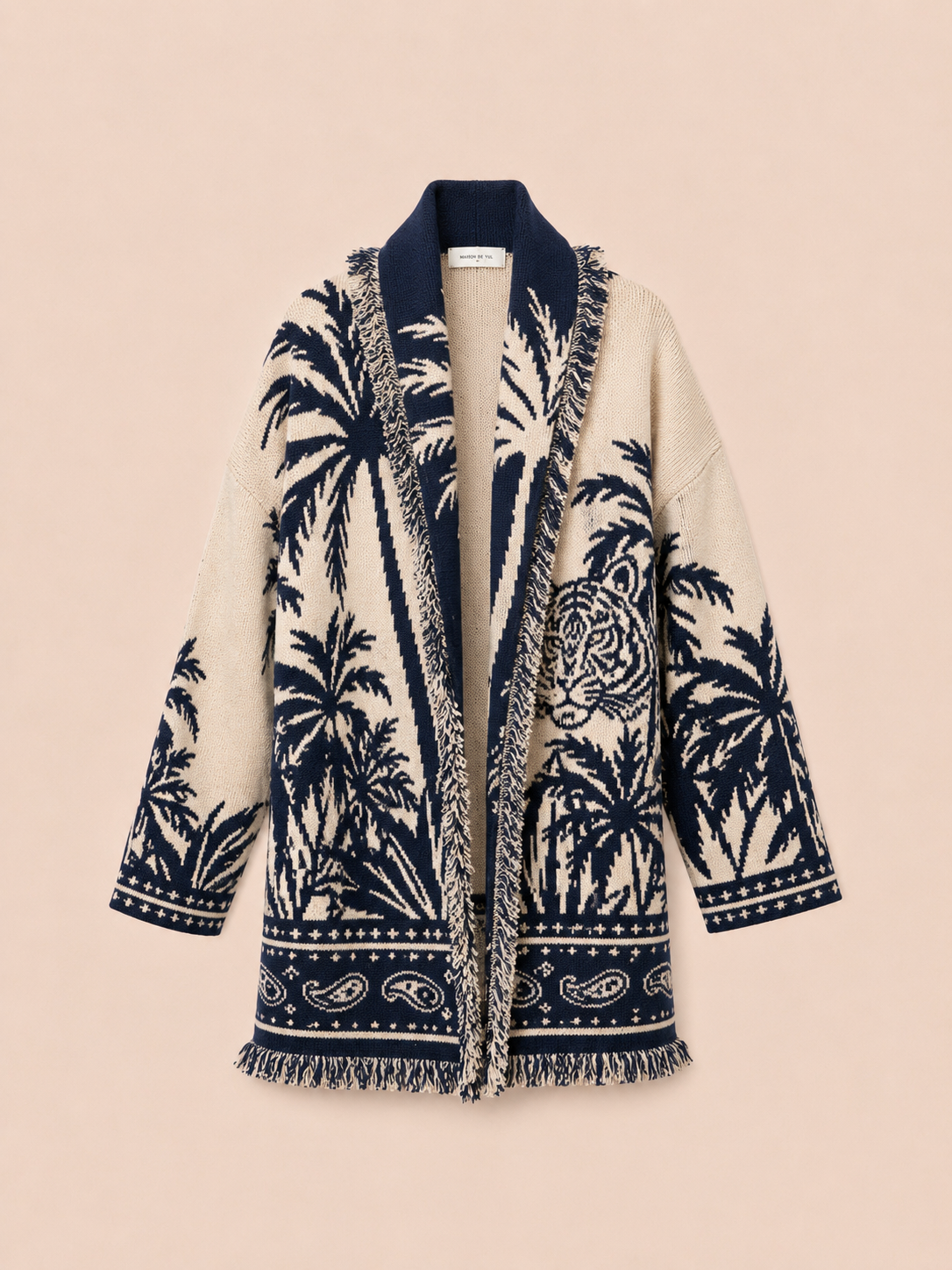 Tropical Tiger Oversized Belted Cardigan - Beige & Navy Knit Jacket