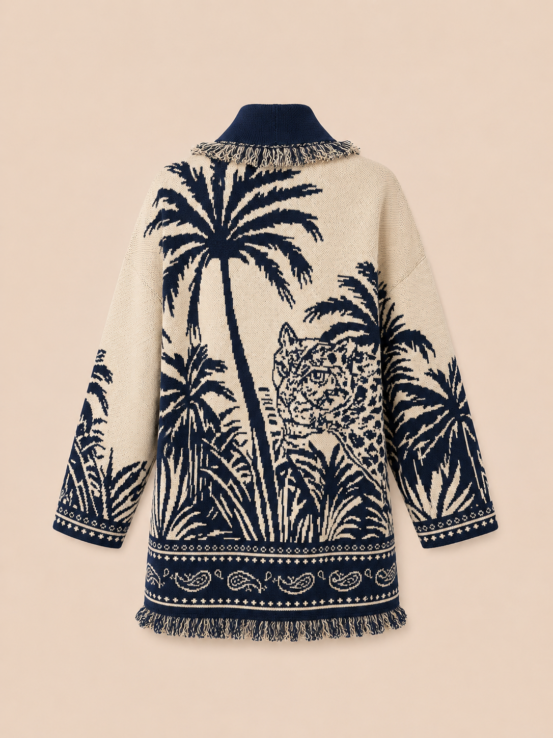 Tropical Tiger Oversized Belted Cardigan - Beige & Navy Knit Jacket